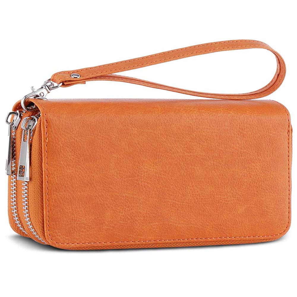 Double Zipper Long Clutch Wallet Cellphone Wallet for Women with Hand Strap for Card, Cash, Coin, Bill