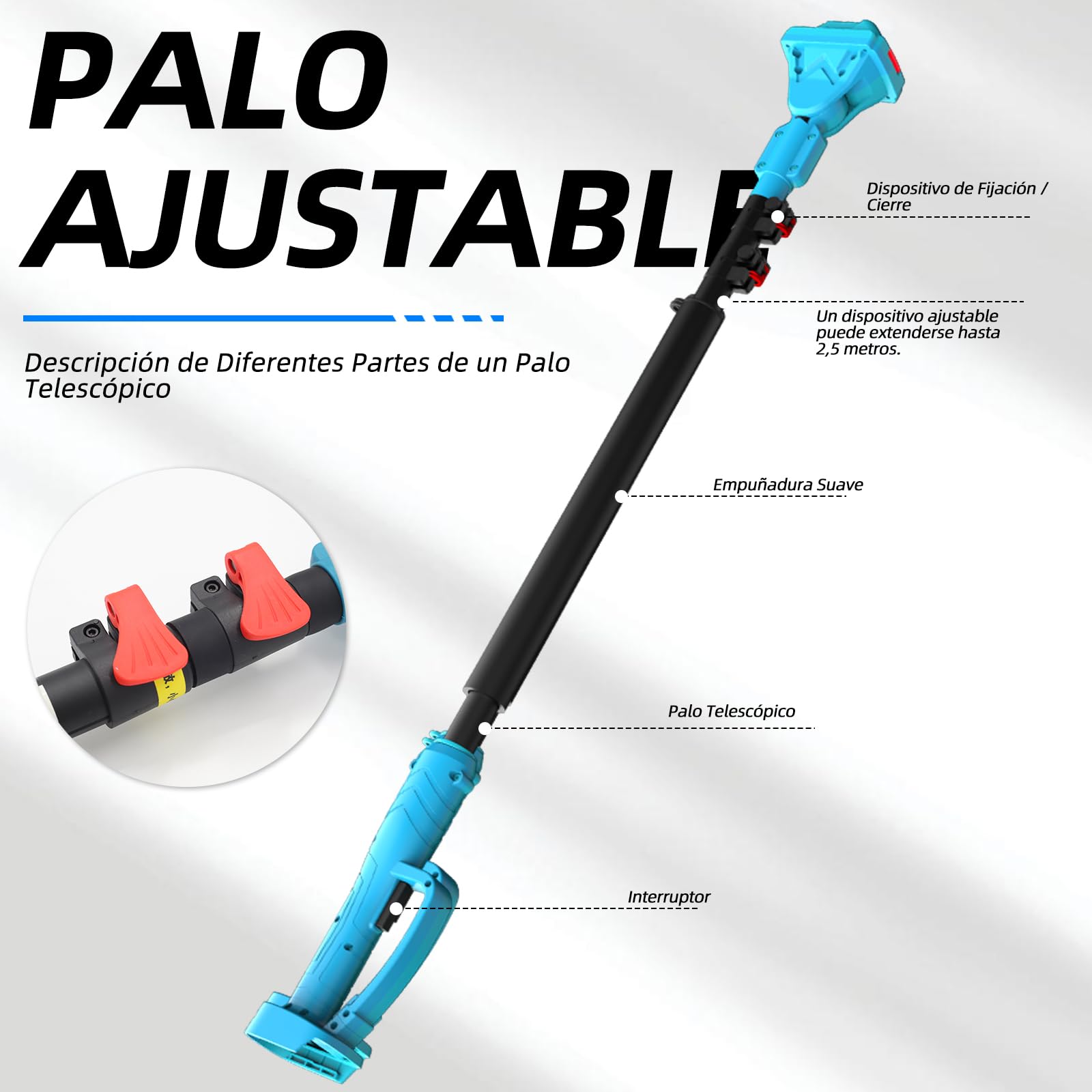 4 en 1 Podador de altura a batería Mini motosierra de 15 cm (6″) con telescópico (2,5 m) + Tijera eléctrica de 35 mm, incl. 2 baterías 21V – perfecto para cuidado de árboles y poda de ramas