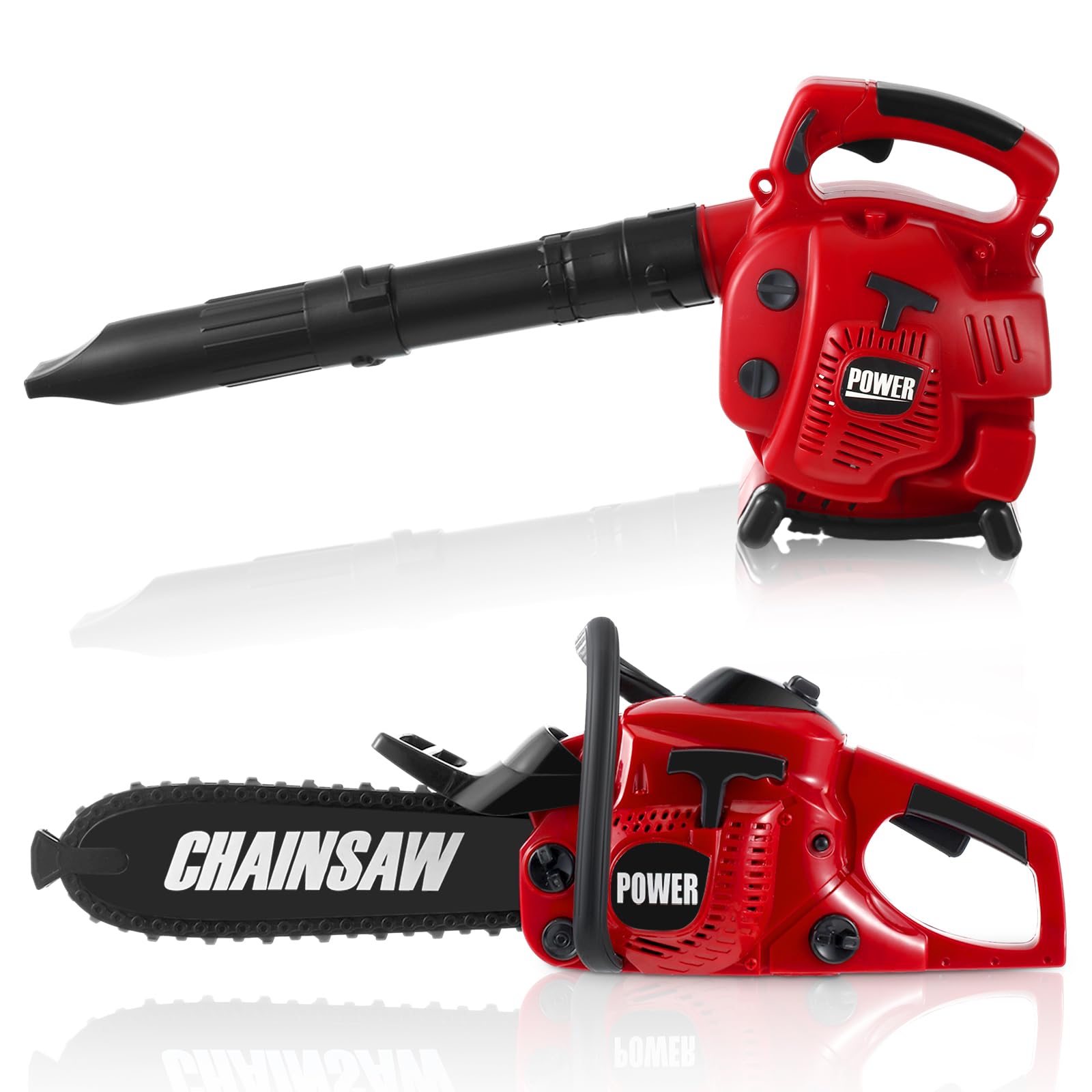 Arrowbash 2 Pcs Toy Gardening Tool Set for Kids Leaf Blower Toy Chainsaw Battery Powered Gardening Tool Set with Lights and Sounds Christmas Birthday
