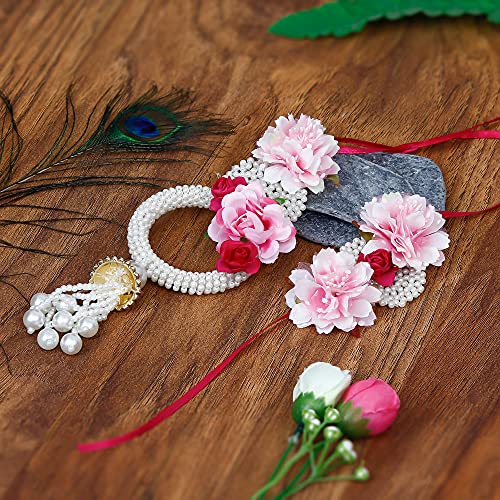 Image of eCraftIndia Pearls Designer Bhaiya Bhabhi Rakhi Set with Roli Chawal Pack | Rakhis for Brother Bhaiya Bhai