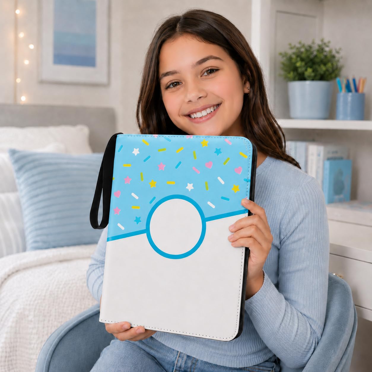 Album per carte da collezione 900 tasche, ciambella blu, con cerniera, per ragazze e adolescenti (ciambella blu, 900 tasche)