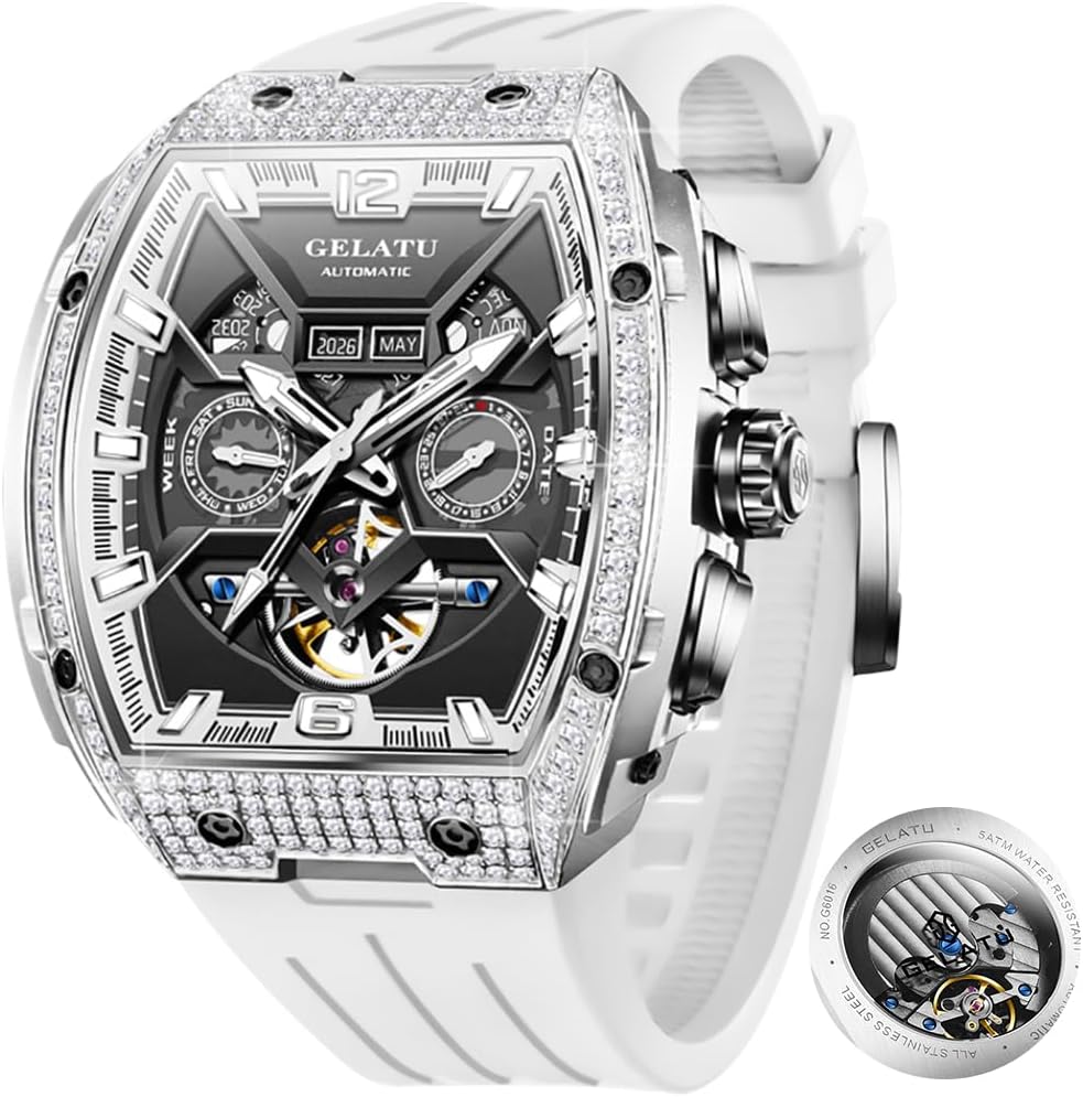 GELATU Men Watch Automatic Tonneau Watch Skeleton Mechanical 50M Waterproof Sapphire Crystal Square Male Watches White/Black/Rose Gold