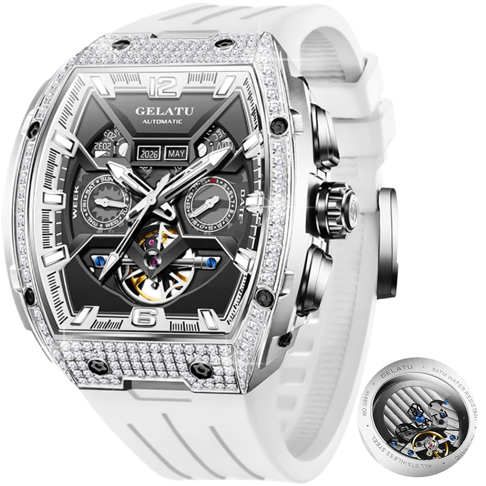 OLEVS GELATU Watch Men Self Winding Tonneau Watch Skeleton Mechanical Business Dress Sapphire Crystal Square Face Wrist Watches Multi Calendar Function