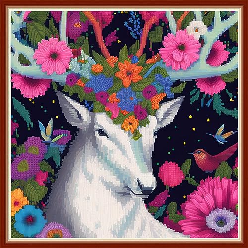 Image of Dimensean Stamped Cross Stitch Kits Full Range of Embroidery Patterns Starter Kits for Beginners Adult DIY Cross Stitches Needlepoint Kits 11CT-Elk Flower 17.7x17.7 inch