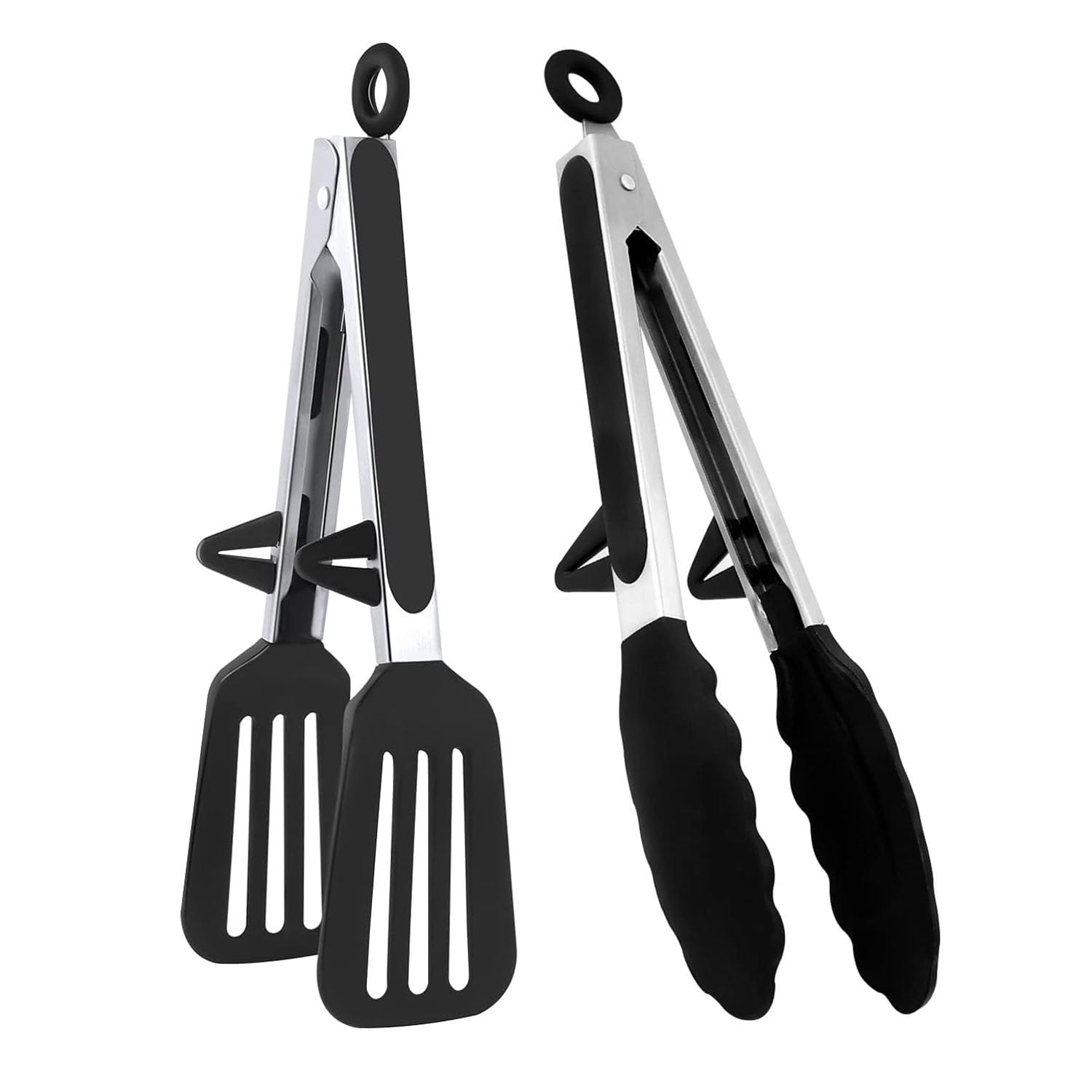 2 Pcs Kitchen Tongs Silicone with Resting Gadget, Stainless Steel Non-Slip Handle for Baking Frying, Steak, Serving, Buffet