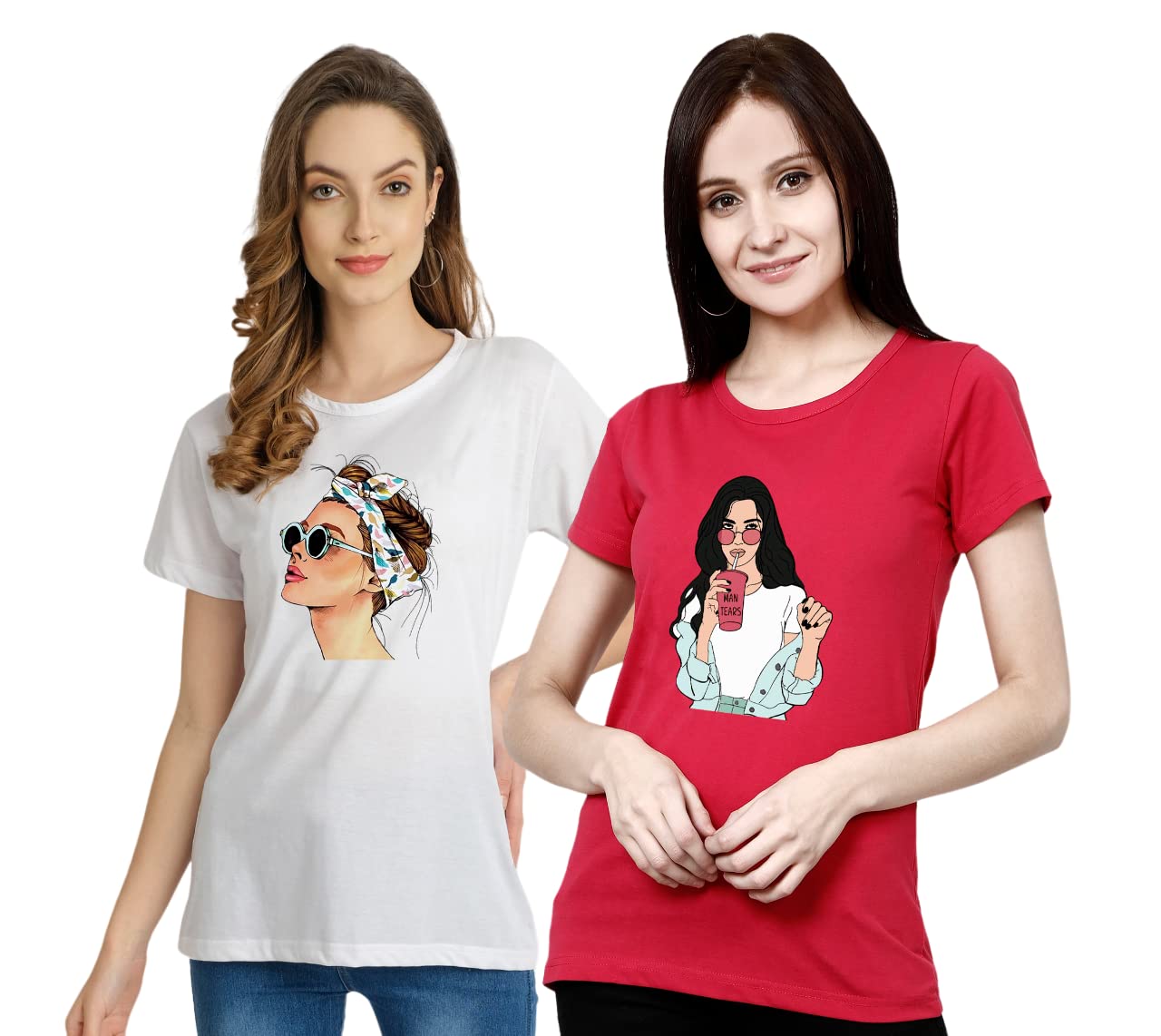 CHOZI Printed Cotton Casual T-Shirts Combo for Girls & Women, for Summer, Round-Neck, Regular Fit
