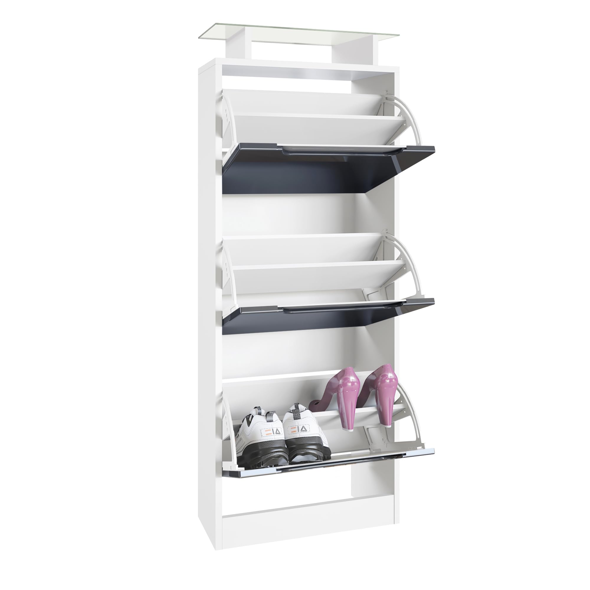 Vladon Schuhschrank Space V2, Schuhkipper für 12 Paar Schuhe mit 3 Klappen und Glasablage, Weiß matt/Schwarz Hochglanz (46 x 128 x 23 cm)