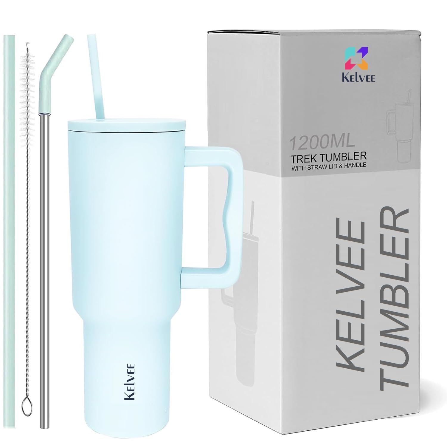 KELVEE 40oz Tumbler with Handle and Straw Lid, Reusable Vacuum Insulated Stainless Steel Water Bottle Leakproof Coffee Sipper Mug for Keeping Beverages Hot or Cold,Perfect for Travel (Sky Blue)