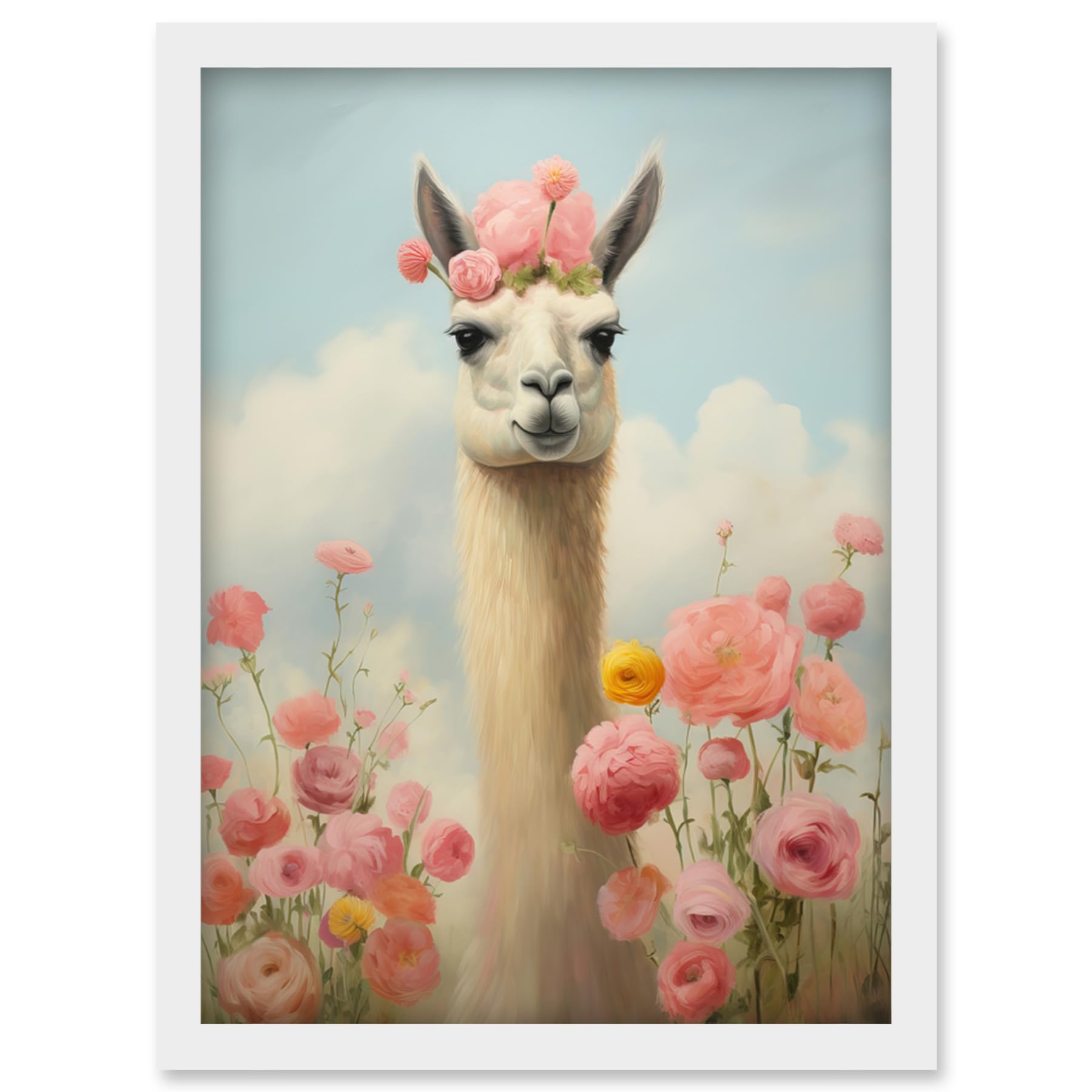 Artery8 Llama and Peonies Pink Elegant Artwork Kids Bedroom Floral Portrait with Roses Artwork Framed Wall Art Print A4