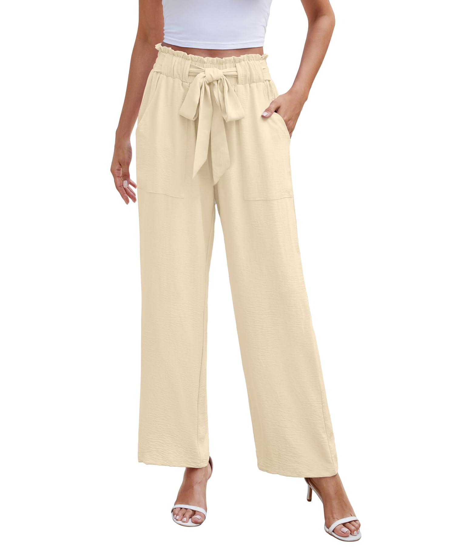 NILOUFO Women Summer Casual Wide Leg Pants High Waisted Elastic Tie Knot Boho Beach Trousers with Pockets