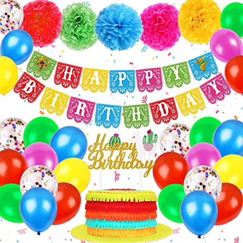Joy Bang Fiesta Birthday Party Decorations, 38 Pcs Mexican Themed Party Supplies for Kids with Banner, Balloons, Cake Topper, Pom Poms, Feliz Cumpleaños Banner Cinco de Mayo Decor