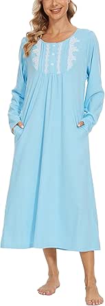 YOZLY Long Sleeve Nightgowns for Women Cotton Night Gwons Lace ...
