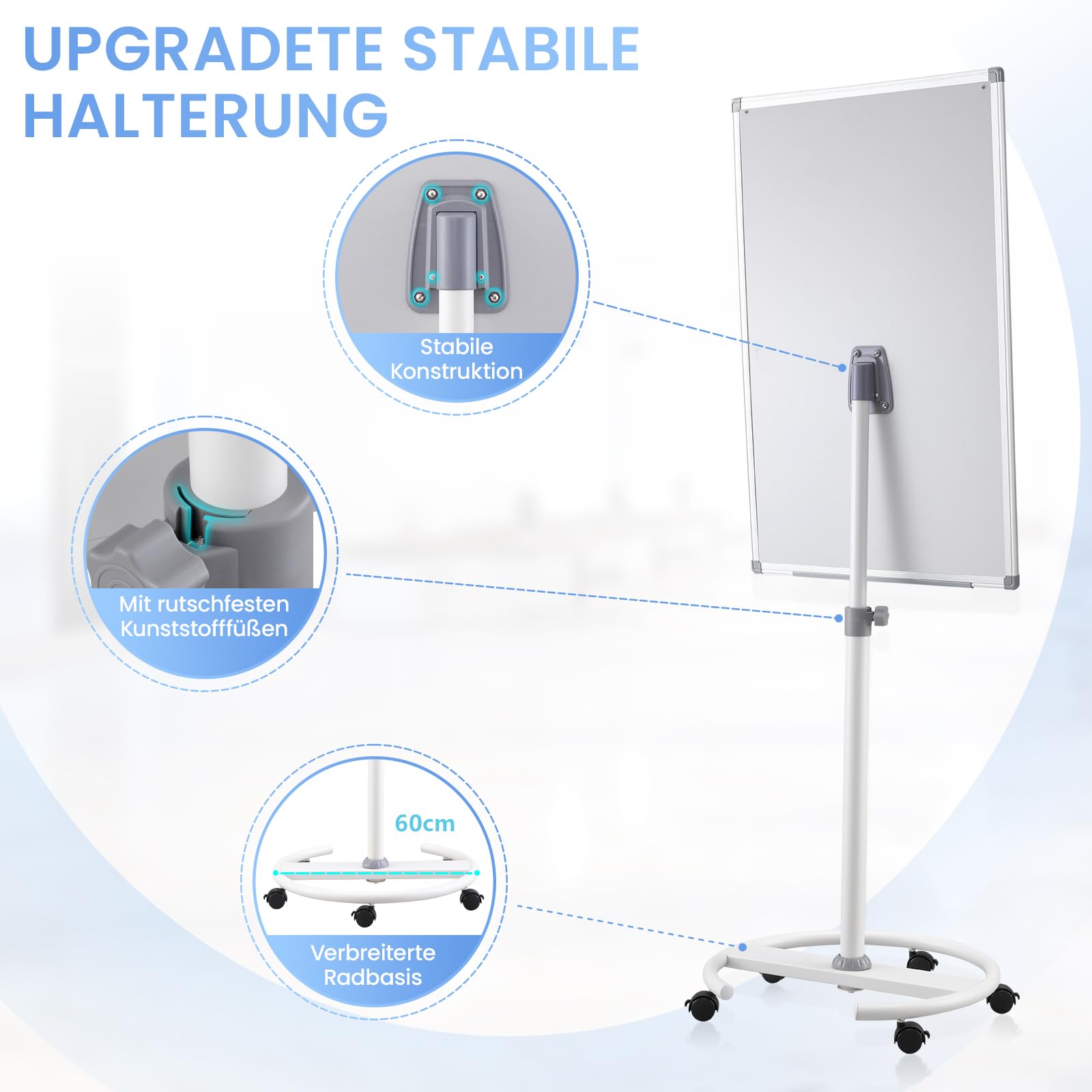 MAKELLO Flipchart 100x65cm Whiteboard mit Ständer Magnetisch Flip Chart für Büro, Höhenverstellbar bis 190cm, Größerer Rundfuß, Stabilere