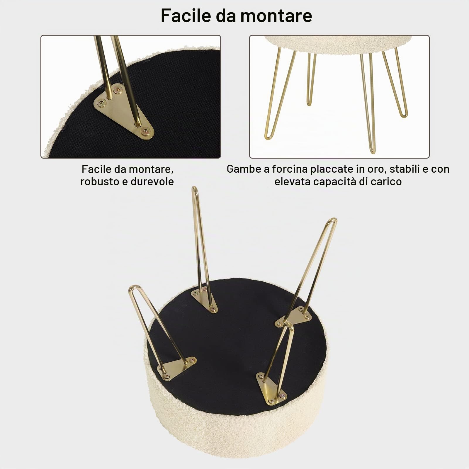 WOLTU Sgabello Contenitore Rotondo, Sgabello per Toeletta Trucco con Coperchio Rimovibile, Pouf Portaoggetti in Tessuto di Pile con Gambe in Metallo, Ø39 x 44 cm, Beige