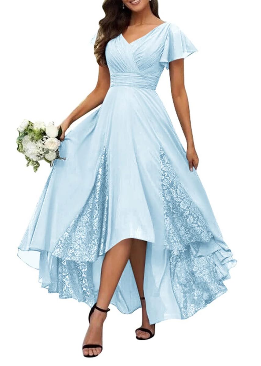 KURFACE Light Blue Bridesmaid Dresses Long Lace Appliques Ruffle Sleeves Chiffon Tea Length Formal Gown UK16