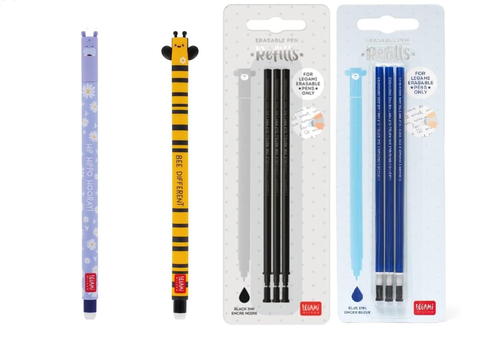 tinta unita Bolígrafos de gel borrables de Legami, juego de 4 unidades, Ape + Hippo + recarga azul + recarga negra