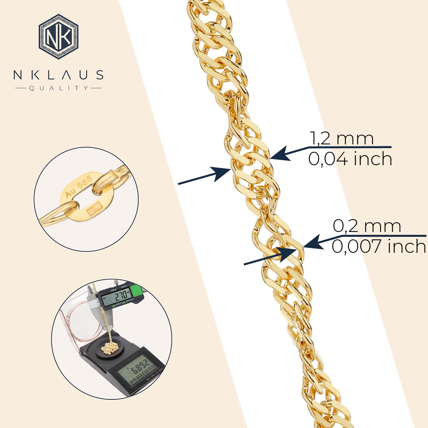 NKlaus Łańcuszek Singapur, złoty, 1,2 mm (długość do wyboru 42 cm – 50 cm), żółte złoto próby 585, diamentowany, kolia 14-karatowa, Żółte złoto, Bez kamieni szlachetnych