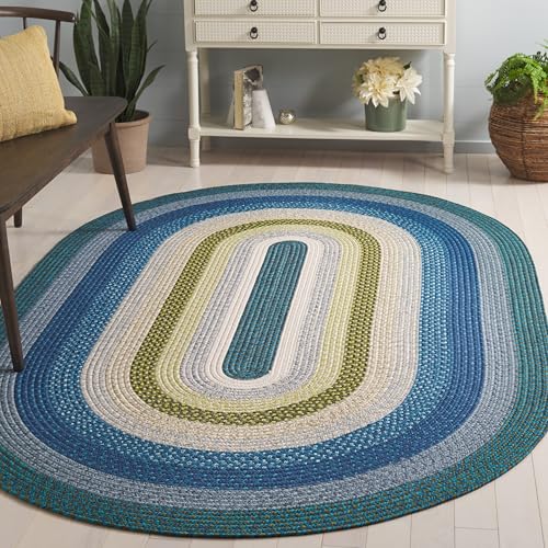 SAFAVIEH Braided Collection Area Rug - 8' x 10' Oval, Navy & Green, Handmade, Machine Washable, Non-Shedding & Easy Care, Ideal for Dining Space, Living Room (BRD323N-8OV)