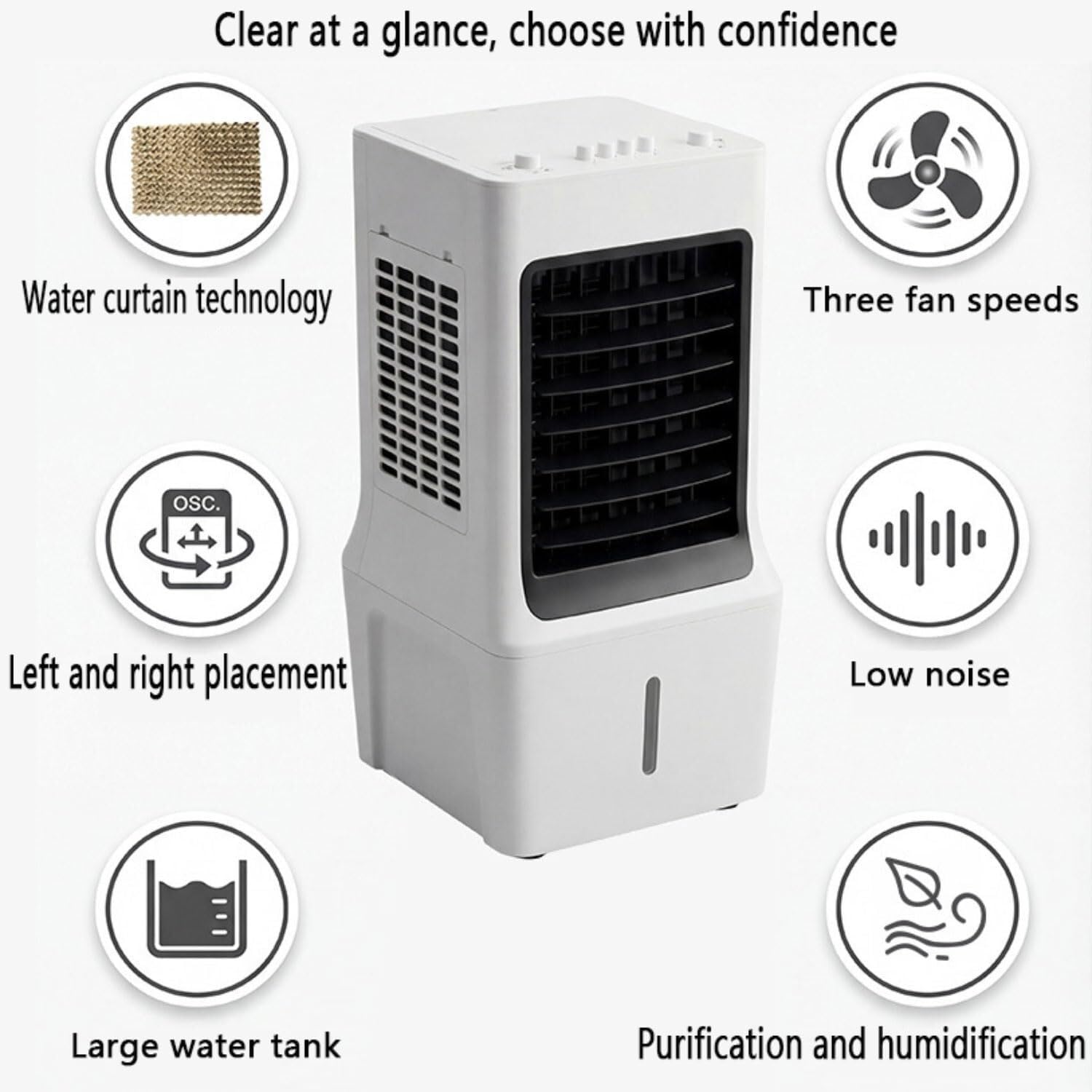 Refrigeratore d'aria silenzioso con raffreddamento ad acqua, forte flusso d'aria da 180 m³/h, grande serbatoio dell'acqua da 12 l, ventola a 3 livelli con filtro lavabile, ideale per casa e ufficio
