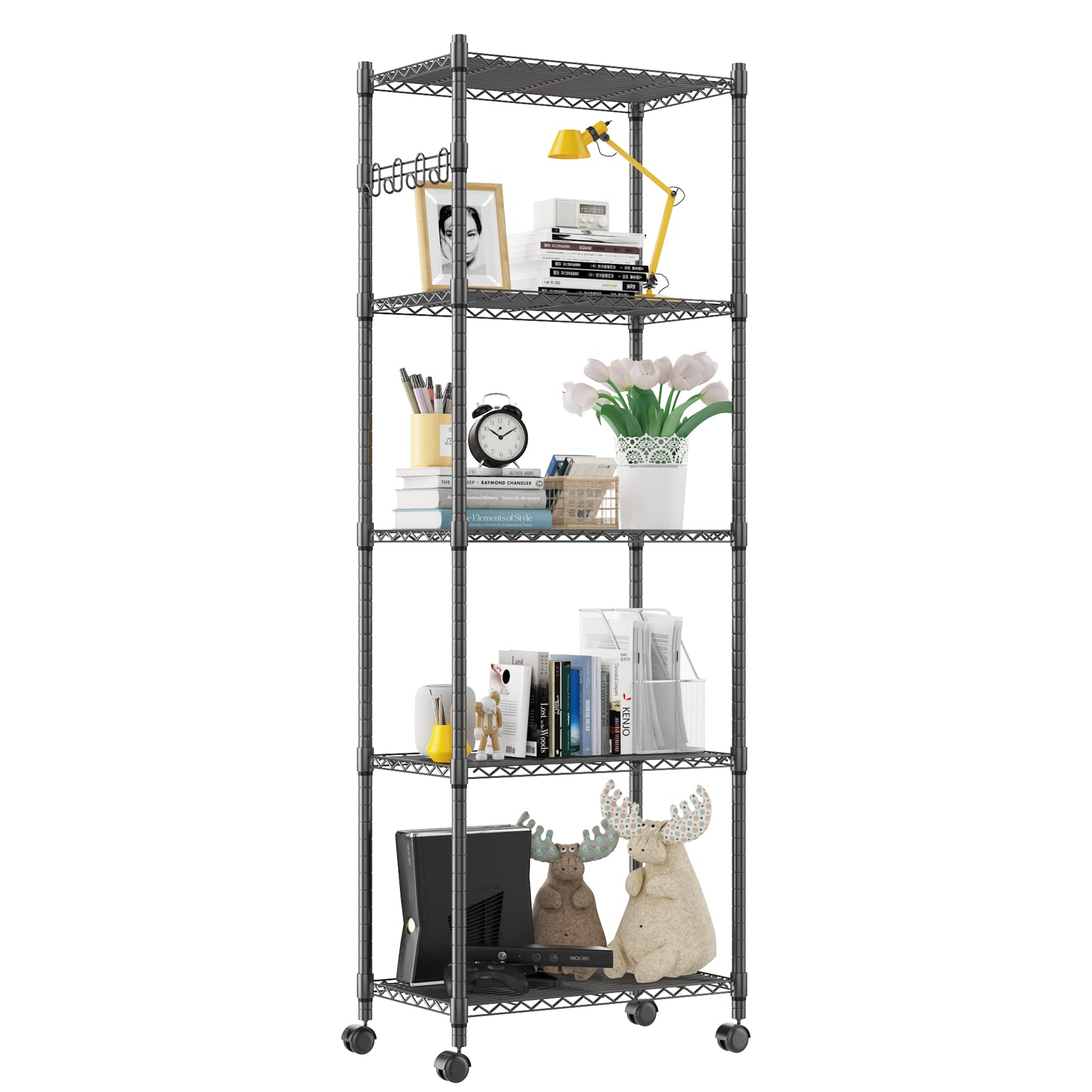 Devo Regal, Robustes Regal, Lagerregale mit Rollen, Metall-Aufbewahrungsregal für Wäsche, Badezimmer, Küche, Garage, Speisekammer, Organisation (61 x 35,6 x 180,3 cm, schwarz)