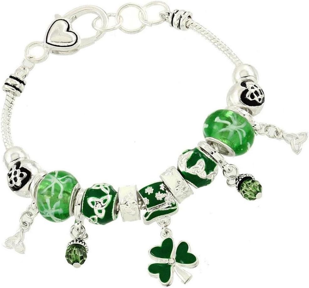 Irish Charm Bracelet BW Green Murano Beads Crystal Shamrock