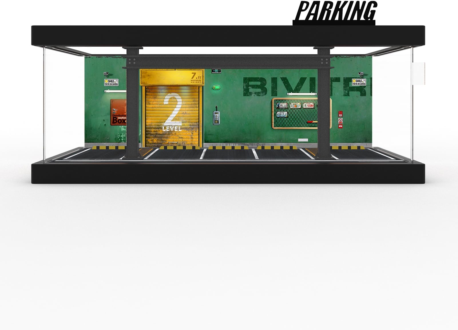 1/64 Diorama Plastic Display Case - Compatible with Hot Wheels Matchbox Mini GT Diecast Cars,for Model Car Display and Storage,Stackable Garage with LED Lights and Acrylic Cover (LM-GreenWall)