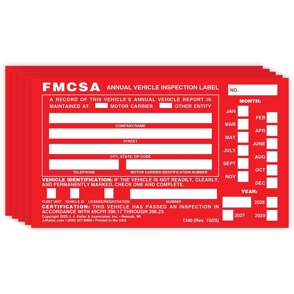 J. J. Keller 5-Pack, Aluminum Annual Vehicle Inspection Label with Punch Boxes, Red FMCSA Label, DOT Compliant