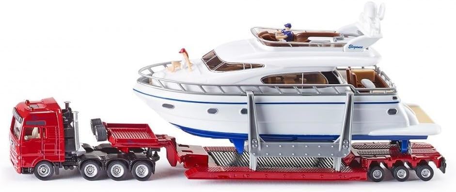 SIKU 1:87 Scale Low Loader Transporter with Floating Yacht - Truck Toy for Boys Aged 3 and Above, Adults Who Appreciate Detailed Miniature Models