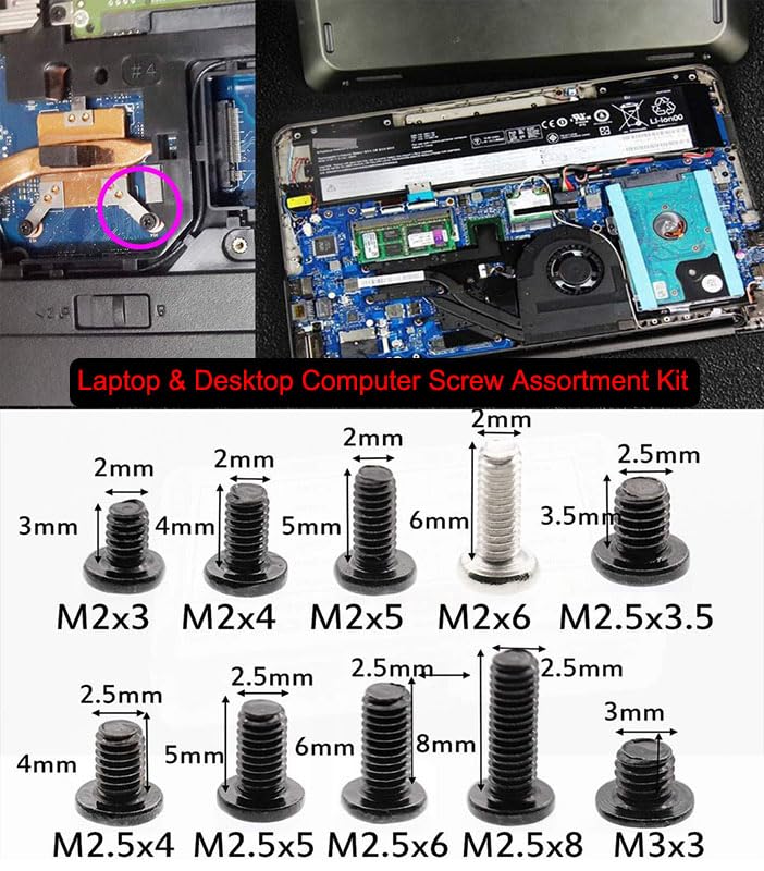 500pcs (10 Sizes) Laptop & Desktop Computer Carbon Steel Replacement Screw Assortment Kit M2 M2.5 M3 Flat Round Head Combo Set with Storage Box