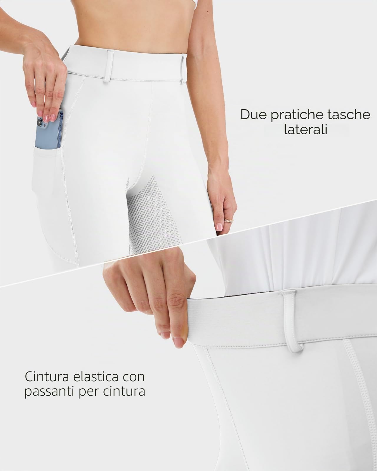 HMILES Leggings da Equitazione da Donna, in Silicone, con Inserti Completi, a Vita Alta, Elasticizzati, da Equitazione, da Donna, con Passante per, Bianco, L
