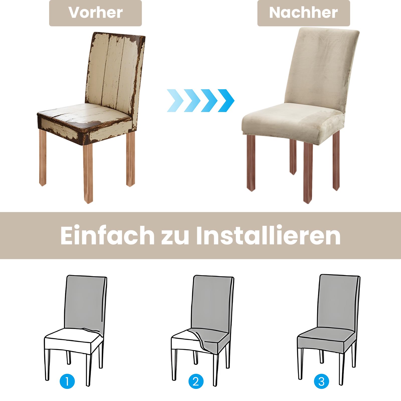 Stuhlhussen Samt 6er Set, Hussen Für Stühle, Stretch Stuhlbezug, Champagne | Universell Stuhlhussen Schwingstühle, Waschbarer Stühle Schutz Für Esszimmer Küche Restaurant Hotel Bankett Hochzeit Party