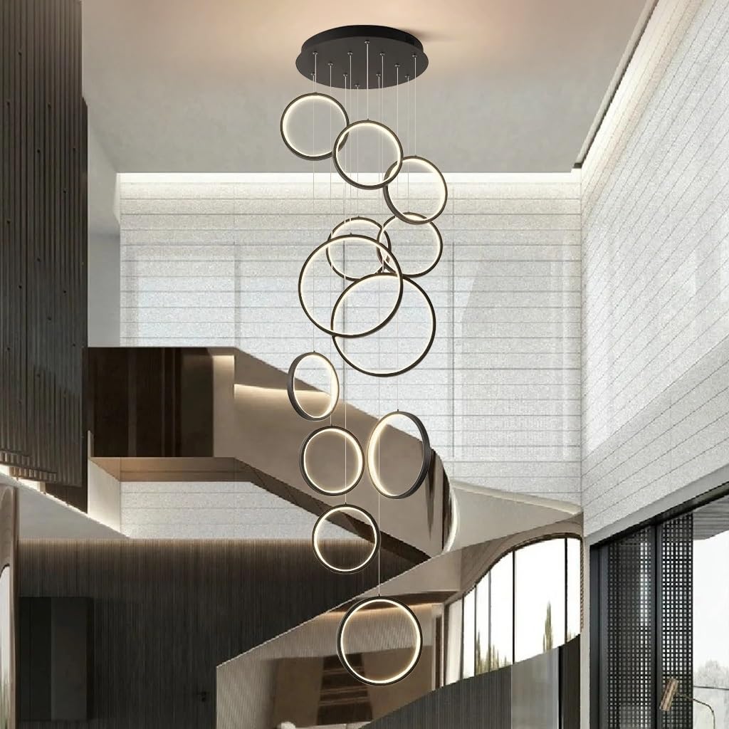 Lámpara Colgante LED Moderna Regulable Tipo araña - 18 Anillos Ajustables con Control Remoto, Luces de Techo de 195 W para escaleras, Sala de Estar, Entrada de Hotel y vestíbulo.