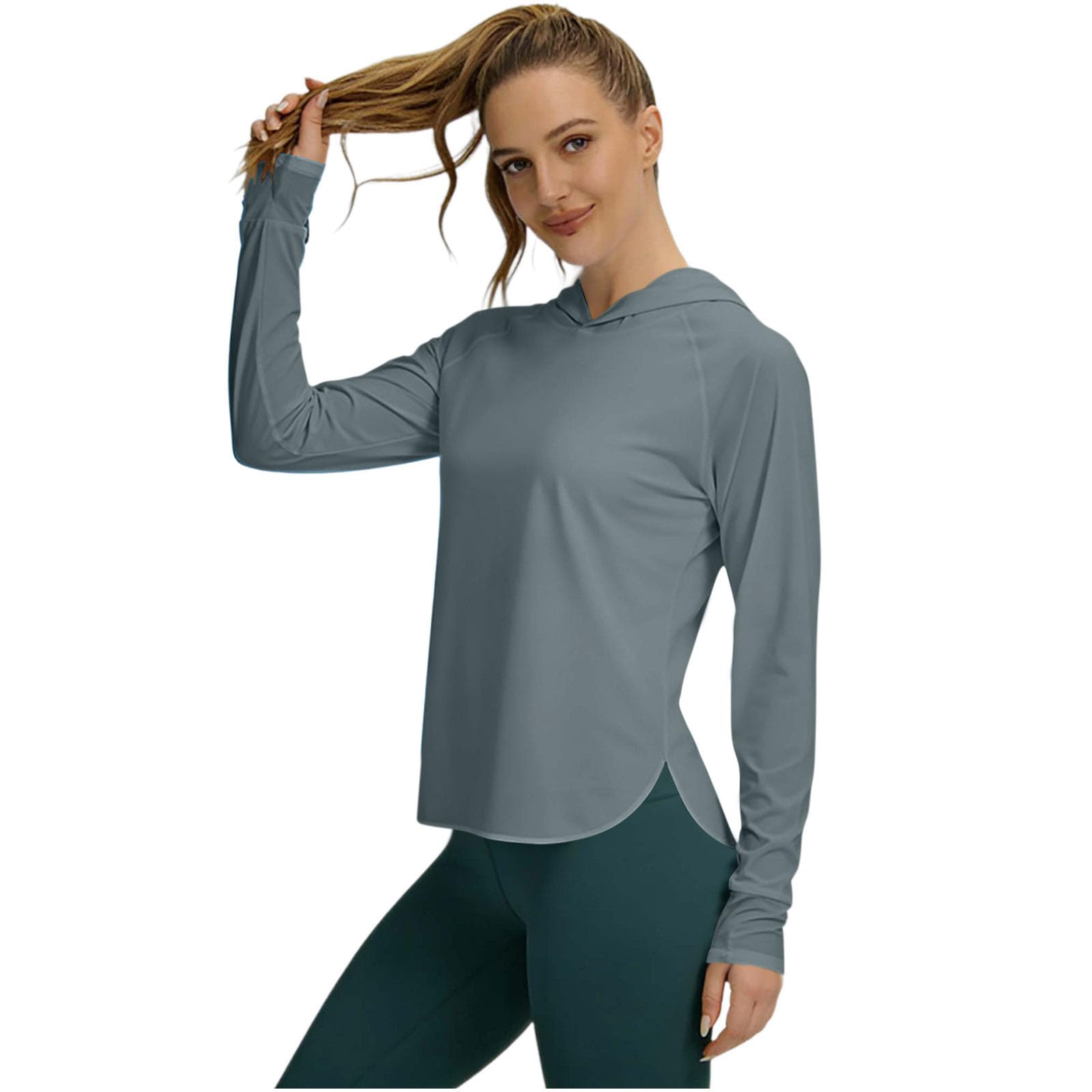 AMhomely Womens Sun Protection Hoodies-Upf50 Long Sleeve Shirt Women,Gym Workout Running Sports Tees,Ladies Lightweight Breathable Quick Dry T-Shirt,Side Slit,Outdoor Travel Safari A Grey XL