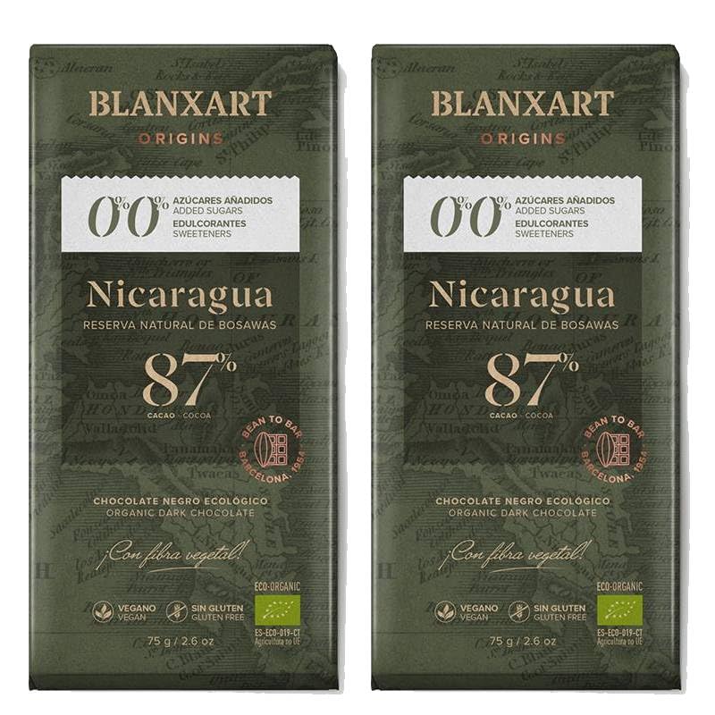 Pack 2 Chocolate Negro sin Azúcares Nicaragua 87% Blanxar Bio 75 g, 150 g total, tableta ecológica de cacao de origen único, sin azúcares añadidos ni edulcorantes