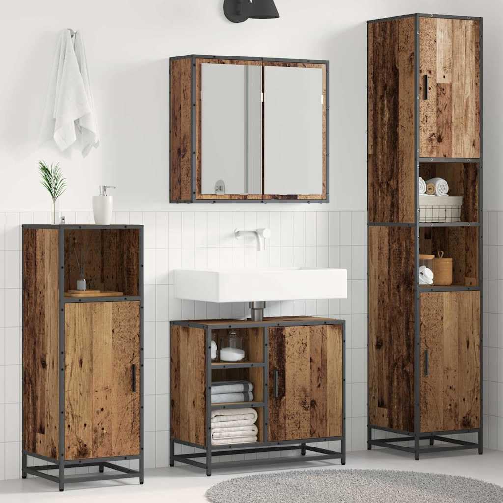 Muebles de baño de madera vieja color marrón con estructura robusta de 3 piezas