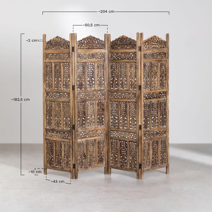 Image of Home & Goods International Wooden Room Divider Partition - Foldable Wood Screen Separator for Living Room, Bedroom, Office, Restaurant || Kangra Badrun, Brown - 4 Panel