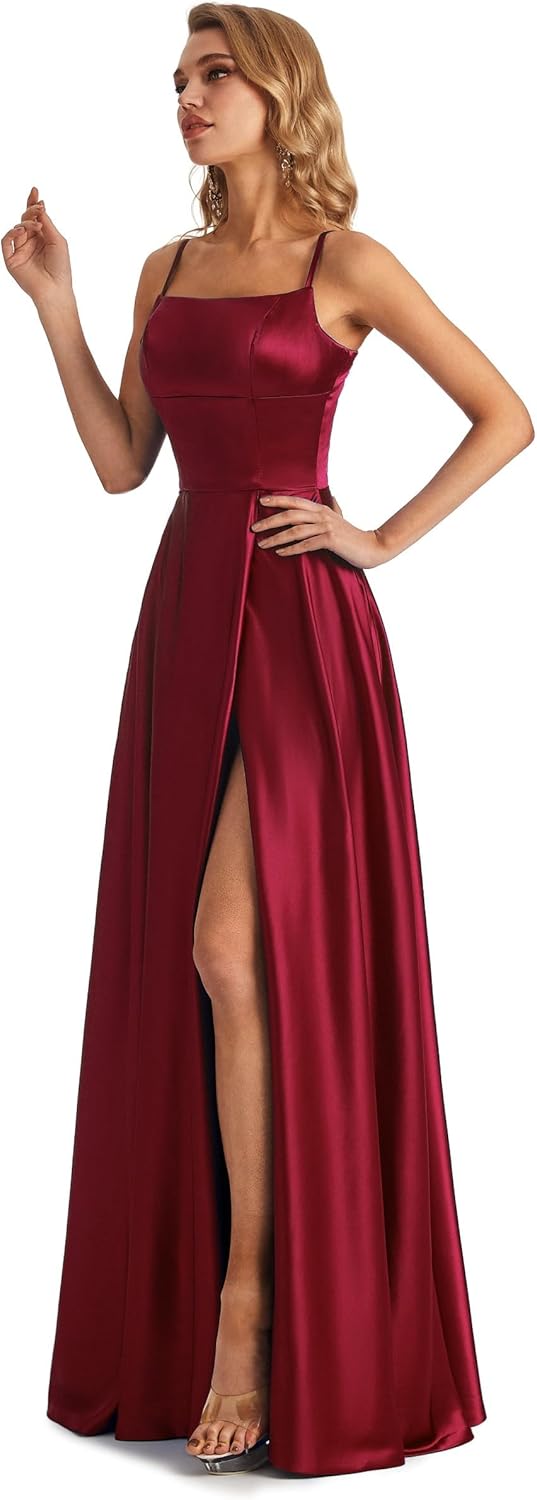 Long Satin Spaghetti Strap Prom Dress