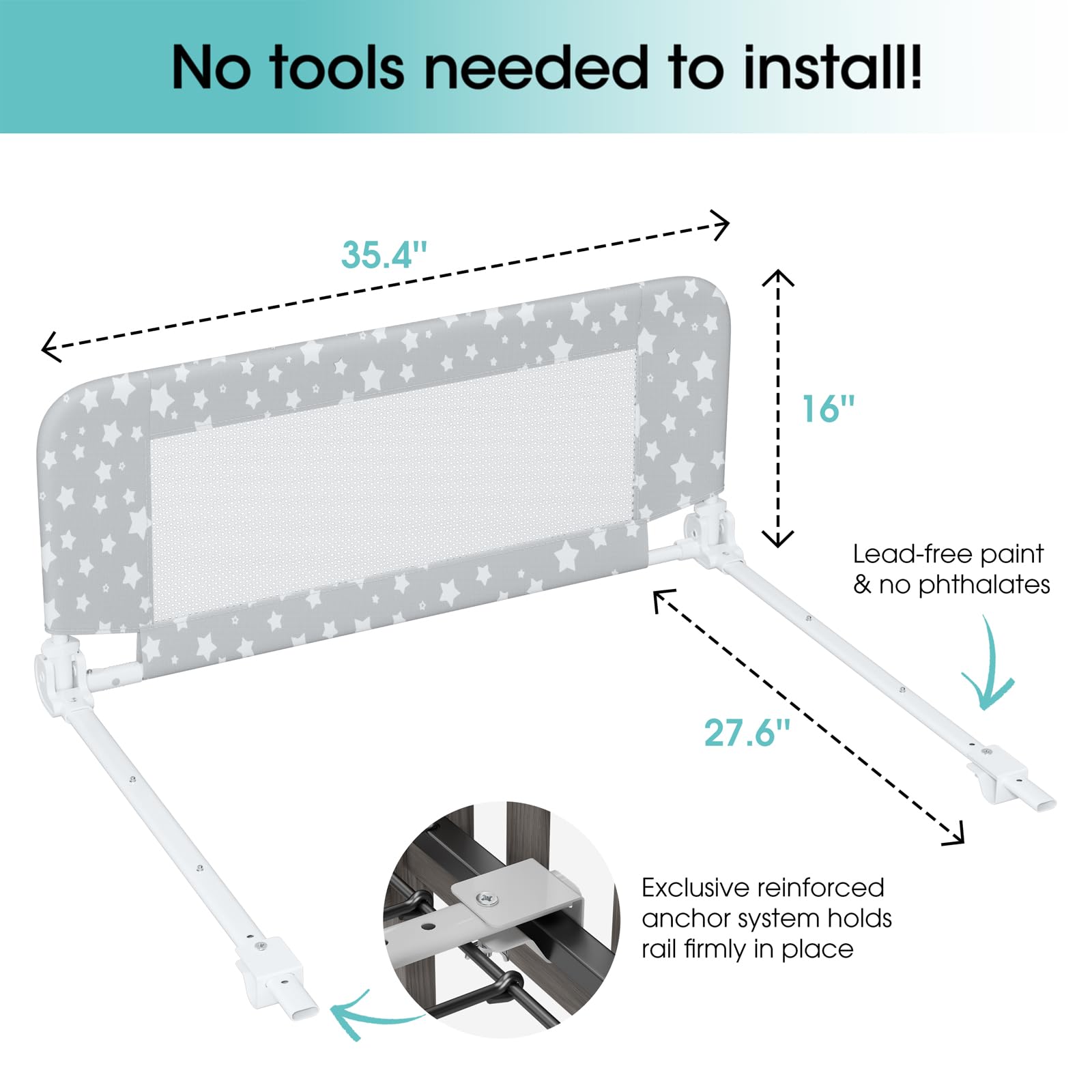 NUTIKAS Protector de riel de cuna para niños pequeños, barandillas de cama de 35.4 pulgadas, protector lateral de seguridad convertible, malla transpirable, barreras de cama con anclaje reforzado