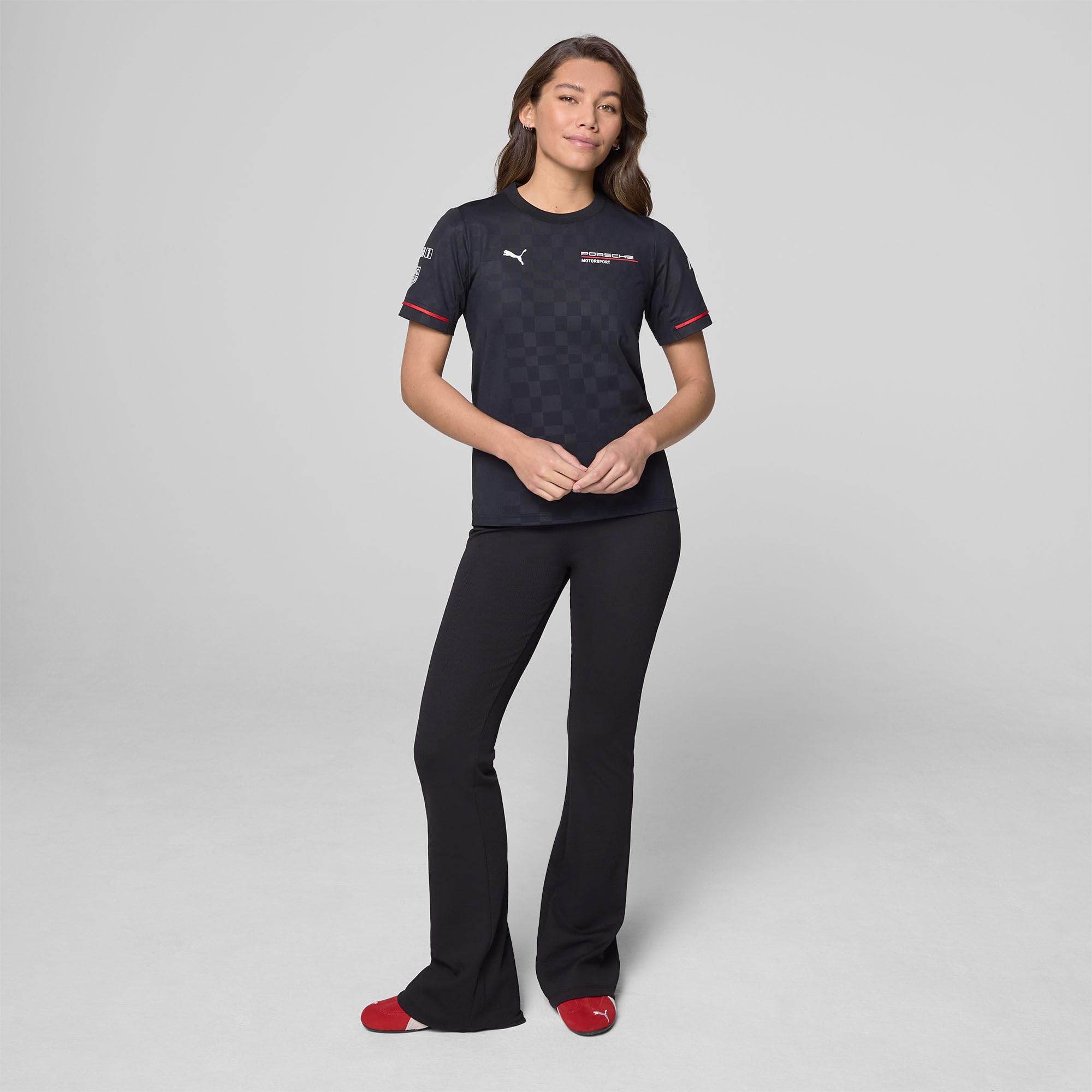 PUMA Porsche Motorsport Damen Team T-Shirt - Schwarz | Tonaler Alloverdruck auf Stoff, Porsche Motorsport Team Logo Druck auf der Brust