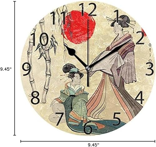ALAZA - Reloj de pared redondo con diseño de geisha japonés, silencioso, sin tictac, pintura al óleo, para el hogar, oficina, escuela, arte