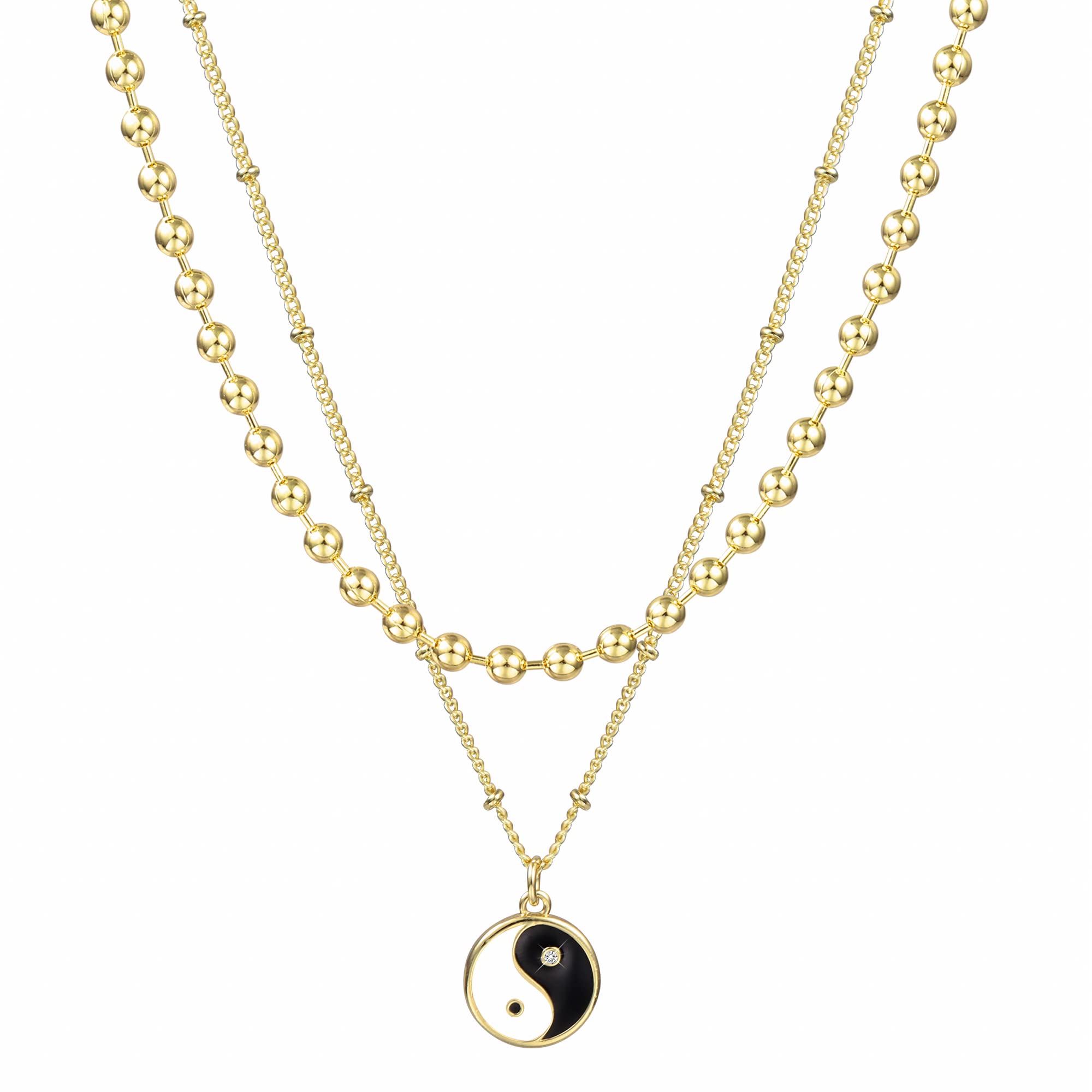 KISSPAT 2 Pcs Chain Layered Necklace for Women | Tai Chi Pendant 14K Real Gold Plated Choker Necklaces