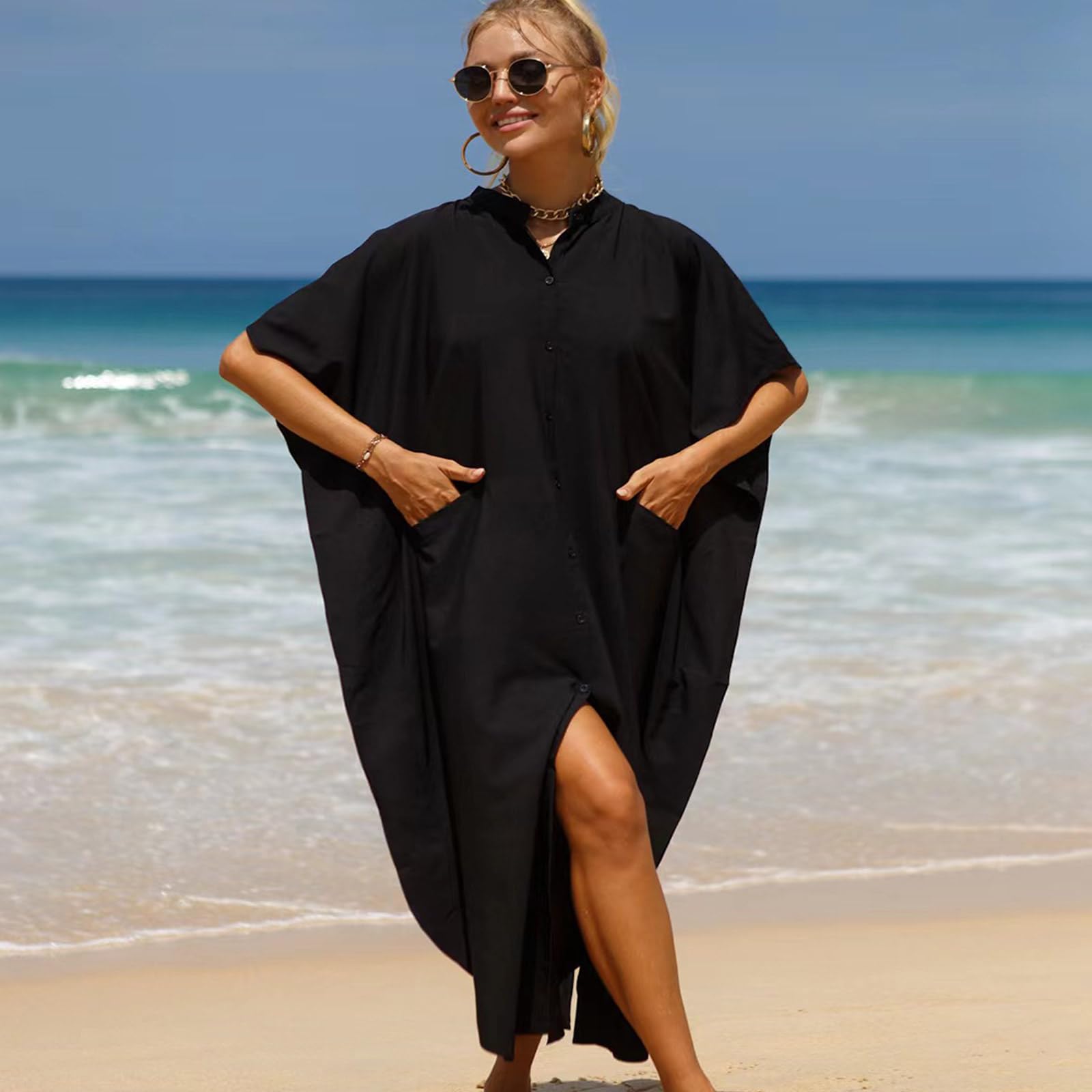 Vestido largo de traje de baño para mujer, con abertura lateral y botones hacia abajo, kimono, salida de baño para la playa
