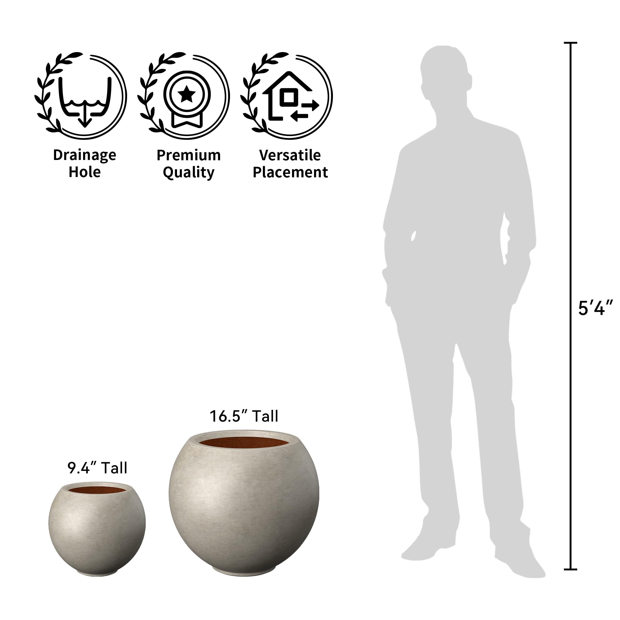 Kante Runder Beton-Blumentopf, 27,9 cm Durchmesser, kugelförmiges Design, Übertopf mit Ablaufloch für Innen- und Außenpflanzen, verwittertes Beton-Finish mit warmbrauner Innenseite