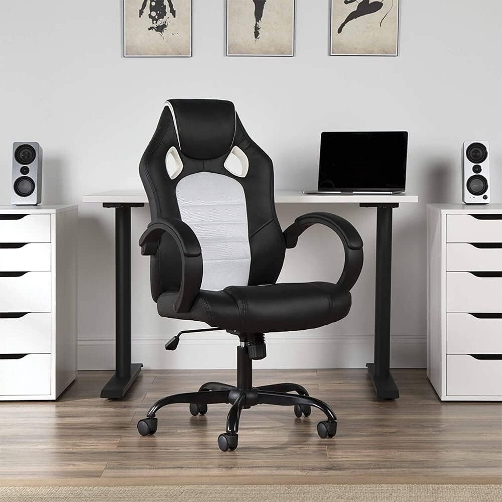 OFM ESS Collection High-Back Gaming Chair, Padded Loop Arms, White
