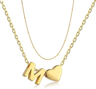 Kette Layered Damen Kette mit Buchstaben, Personalisierte Kette Gold, Damen Herzkette Initialen Buchstaben Ketten mit Anhänger, 18K Vergoldete Edelstahl Halskette, Modeschmuck für Frauen