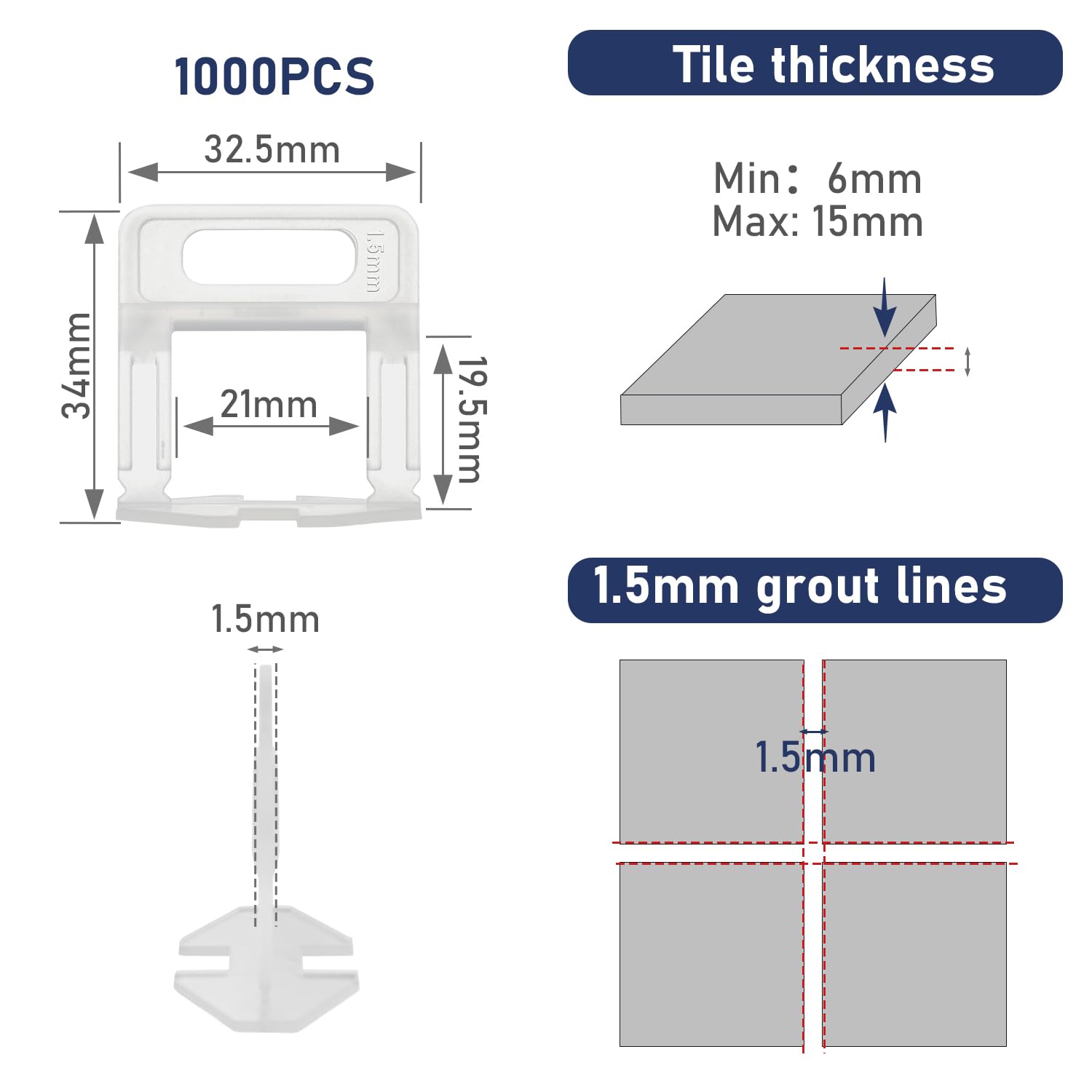 ZOLGINAH Distanziatori per Piastrelle, Spessori in Plastica Livellatori per Piastrelle Fughe Piastrelle (1.5mm 1000 Pezzi)