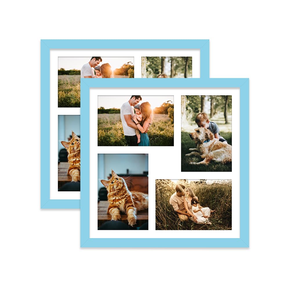 Light Blue Multi Photo Frame - Holds 4 x 6x4 Pictures, Family Collage Picture Frame for Wall Display, 12x12 Frame size, Set of 2