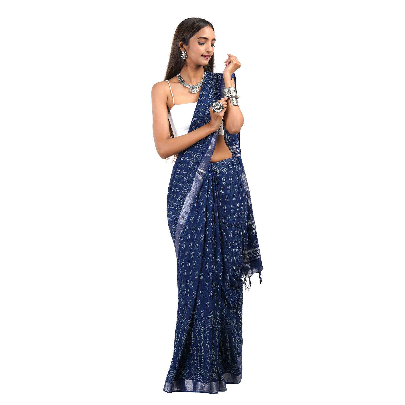 teejh Women Gaurangi Indigo Print Linen Saree With Blouse Piece-picture-27