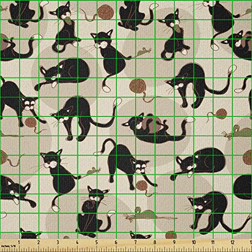 Image of Ambesonne Cat Fabric by The Yard, Hand Drawn Feline Pattern House Pet Playing with Mouse and a Ball of Yarn, Stretch Knit Fabric for Clothing Sewing and Arts Crafts, 2 Yards, Black Tan Sea Green