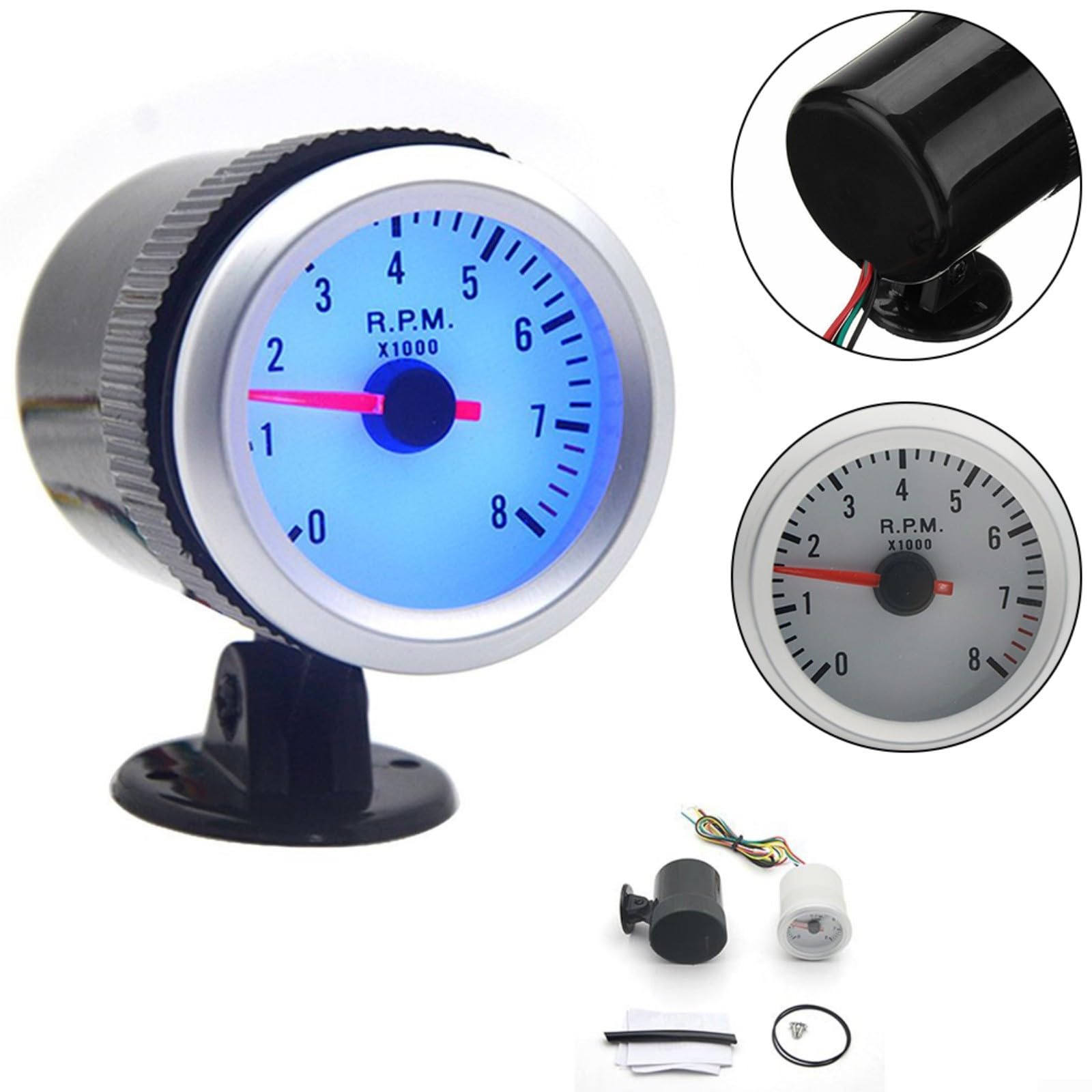 Compte-tours de 5,1 cm 52 mm avec face blanche et LED bleue 0-8000 tr/min pour moteur à essence 4 6 8 cylindres 12 V Compteur de tours performance automobile Installation facile Compteur